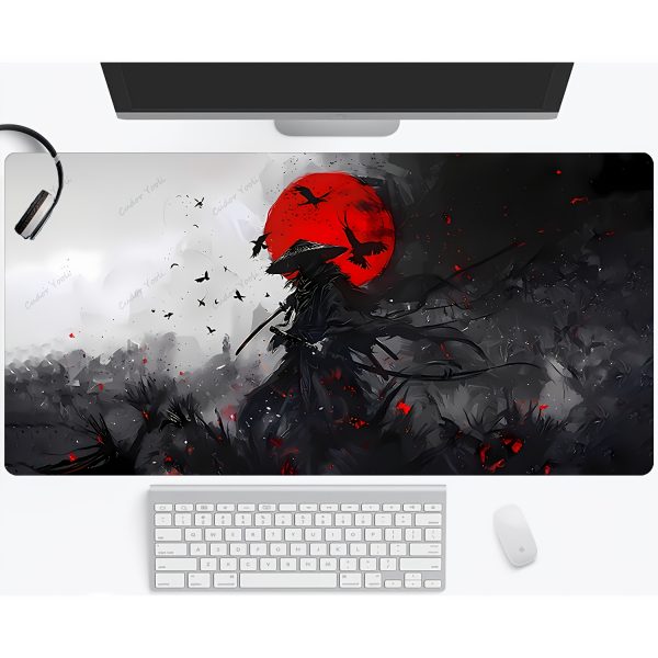 9736ce7d-dedb-4142-b370-ea11c16c49e3.jpg ماوس باد ضخم أنمي ياباني – تصميم ساموراي، أشجار كرز، فوجي والشمس/القمر