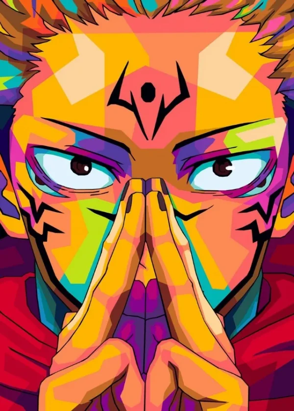 S277e08ce41e24e33a0a62cd6210bf14dT.webp ⚡ بوستر أنمي Jujutsu Kaisen – غوجو ساتورو ضد سوكونا | لوحة فنية قماشية