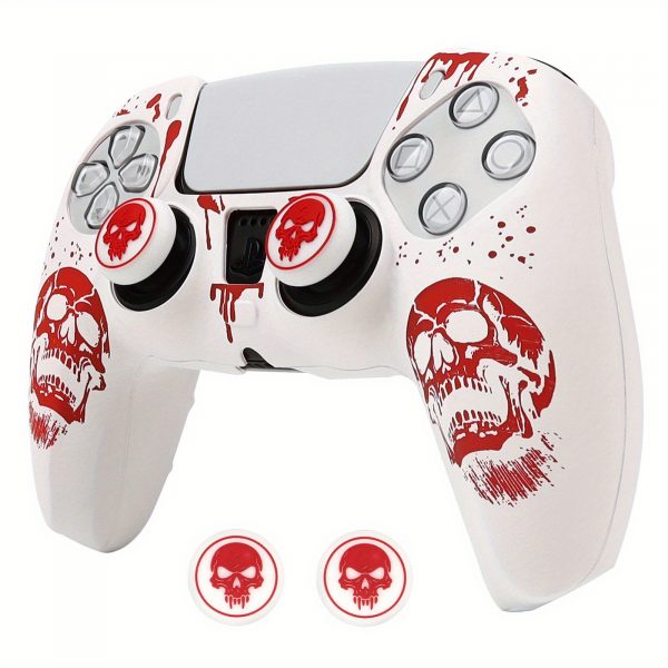 a3b4f7e75be9487f87c0493c1740e4bf-goods.jpeg غطاء يد تحكم PS5 – تصميم الجمجمة القوطي مع أزرار PS باللونين الأحمر والأسود