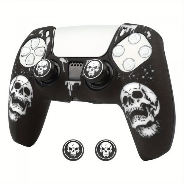 bfb557d35e6b43cb9f4a9cac42977272-goods.jpeg غطاء يد تحكم PS5 – تصميم الجمجمة القوطي مع أزرار PS باللونين الأحمر والأسود
